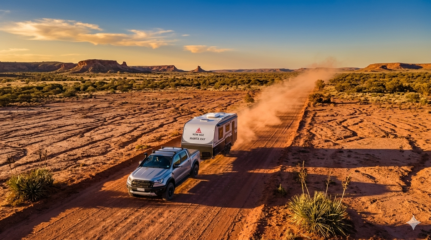 New Age Manta Ray caravan on outback road